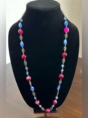 Vibrant Blue and Pink Beaded Necklace with Crystal Accents